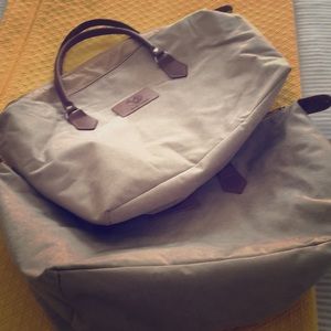 Gray Canvas Travel Tote Bag with Brown Leather Handles